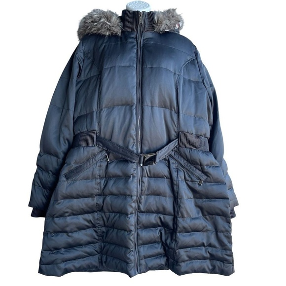 DKNY Puffer Hooded Jacket Plus 1X Gray Buckle Clasp Belt Cozy Fleece Lined - Picture 1 of 2